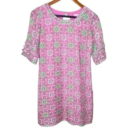 Lilly Pulitzer pink and green silk blend ruffle sleeve mod 60s midi dress size 0 - Picture 1 of 4